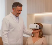 A clinician in a white coat standing beside someone in a virtual reality headset, one hand on the back of their chair, in a warm cream consulting room.
